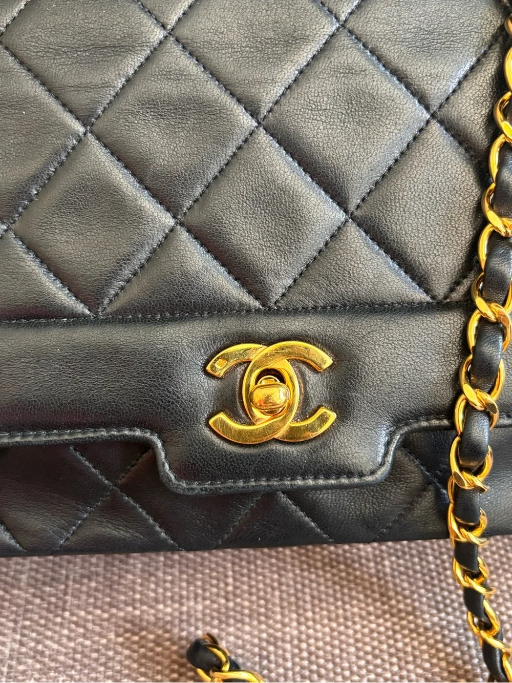 Authentic CHANEL Rare 24k gold black lambskin leather Diana bag